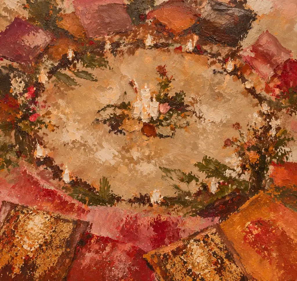 A textured oil painting of a candlelit table seen from above, ringed with flowers, in warm rose and ochre tones