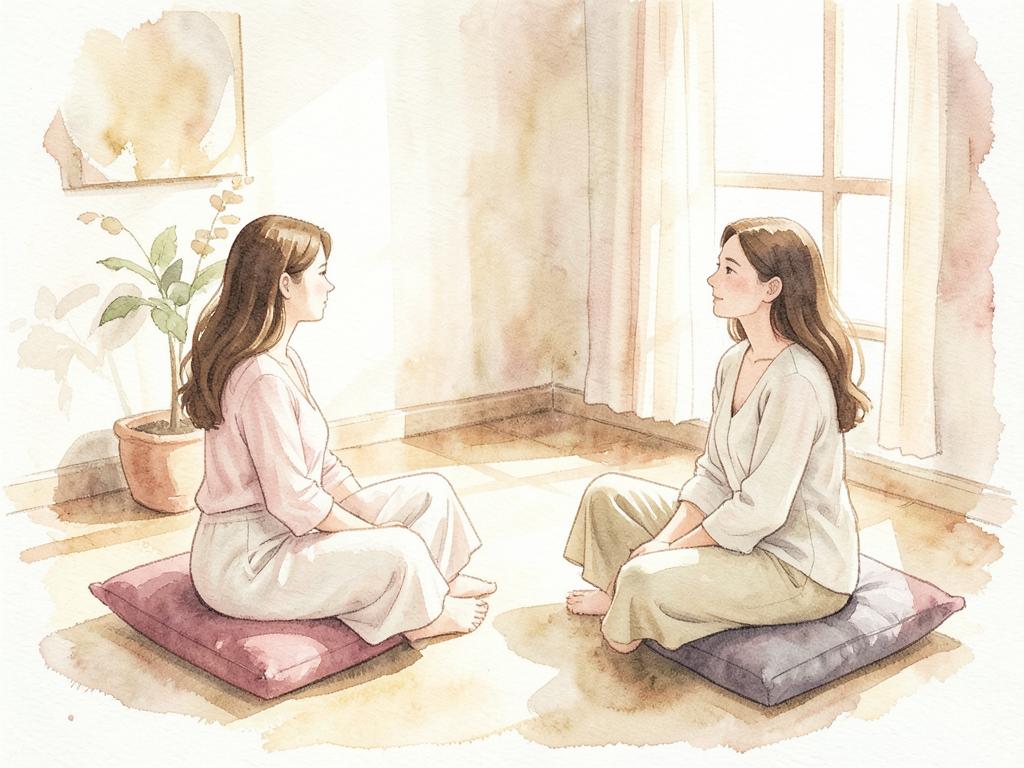 Watercolour painting of two women sitting on floor cushions facing each other in a warm, light-filled room