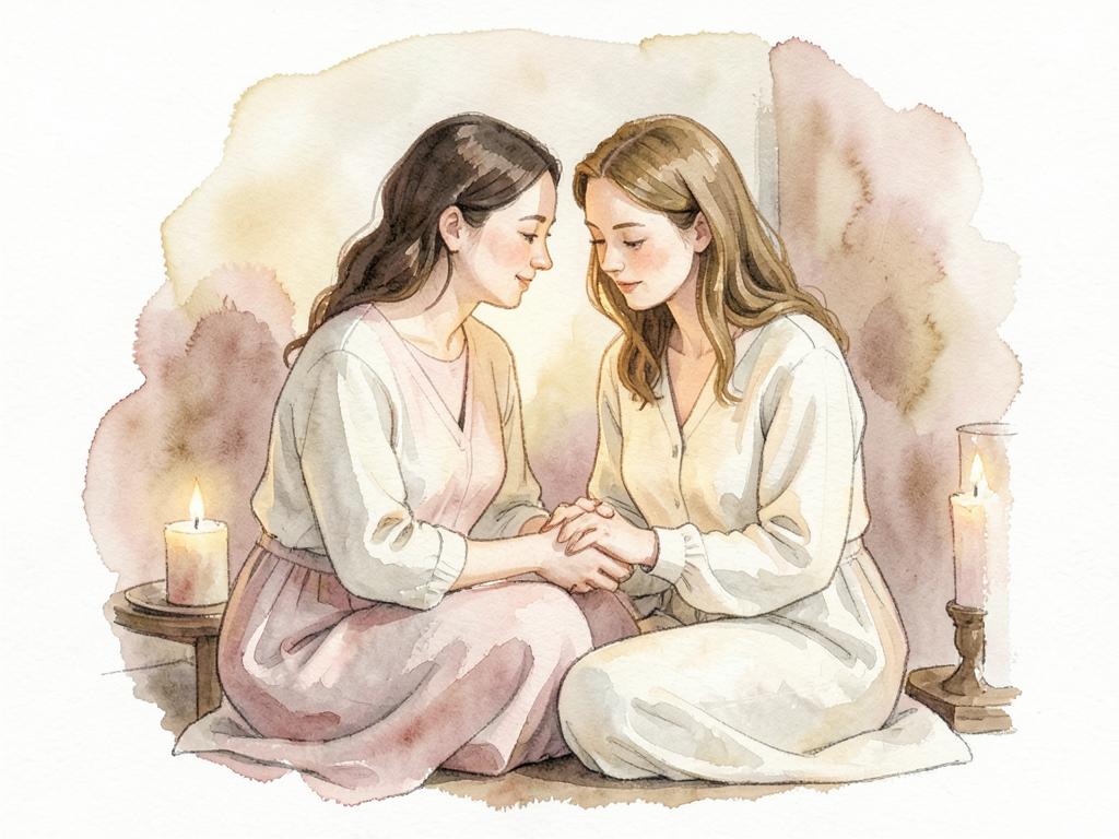 Watercolour painting of two women sitting close, one gently holding the other's hands beside candles